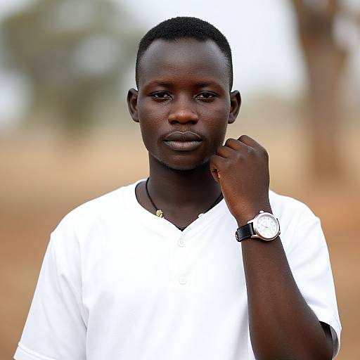Photograph of a serious, dark-skinned man with short hair, wearing a white shirt, black watch, and necklace, touching his chin, with