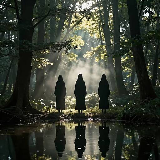 Photograph of three silhouetted figures in hooded cloaks standing in a sunlit forest, with rays of light streaming through trees and reflecting