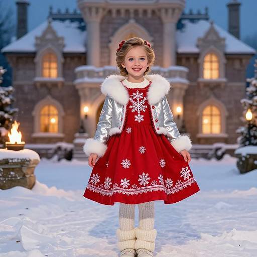 Photograph of a smiling young girl in a red snowflake dress, silver fur-trimmed jacket, white leggings, and boots, standing in front