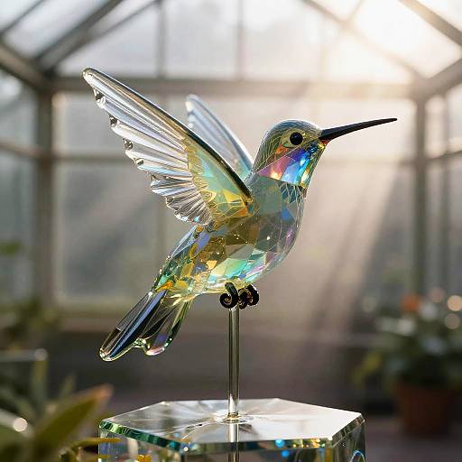 Iridescent Glass Hummingbird in Crystalline Greenhouse