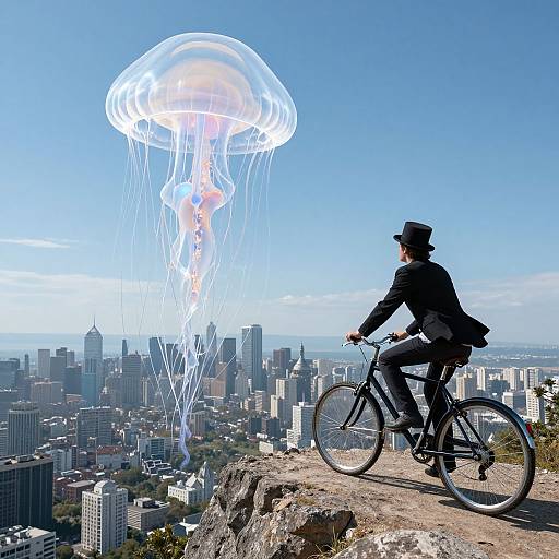 Man in black suit and top hat rides bicycle on rocky cliff, overlooking cityscape with large, glowing jellyfish in bright blue sky.