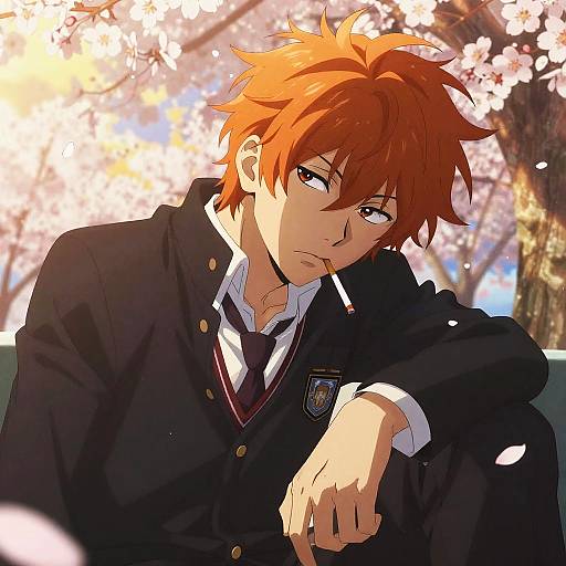 Anime-style digital drawing of a red-haired, pensive teenage boy in a black school uniform, leaning against a cherry blossom tree.