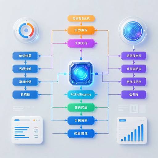 Digital flowchart with colorful blocks, Chinese text, blue and orange circular icons, and bar graph, illustrating a data processing system.