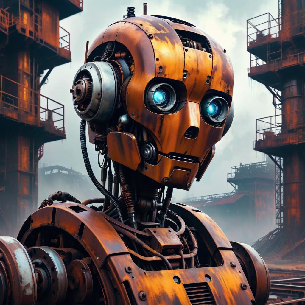 Rusty Robot in Abandoned Factory Landscape