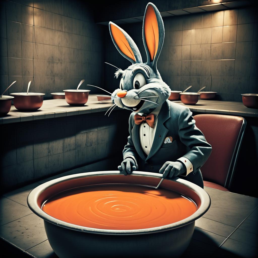 Surreal Bugs Bunny in Soup Line