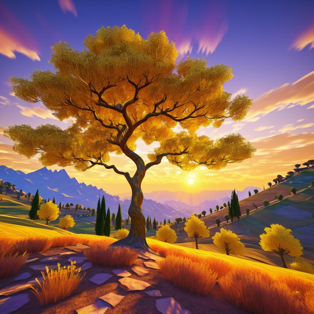 Golden Tree Sunset Over Majestic Mountains