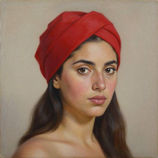 Photorealistic digital painting of a young woman with olive skin, dark brown eyes, and long black hair, wearing a bright red headscarf against