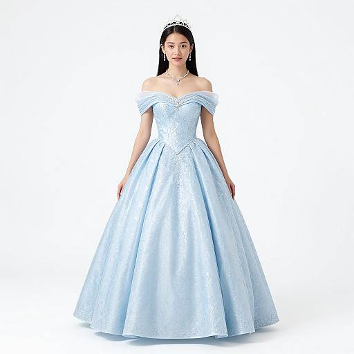 Photograph of an Asian woman in an off-shoulder, light blue satin ball gown with a floral bodice, tiara, and necklace,