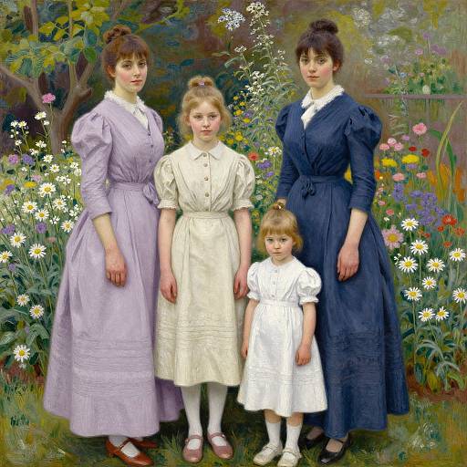 Photorealistic painting of four women in Victorian dresses, standing in a vibrant, flower-filled garden; three generations, lush greenery, colorful flowers.