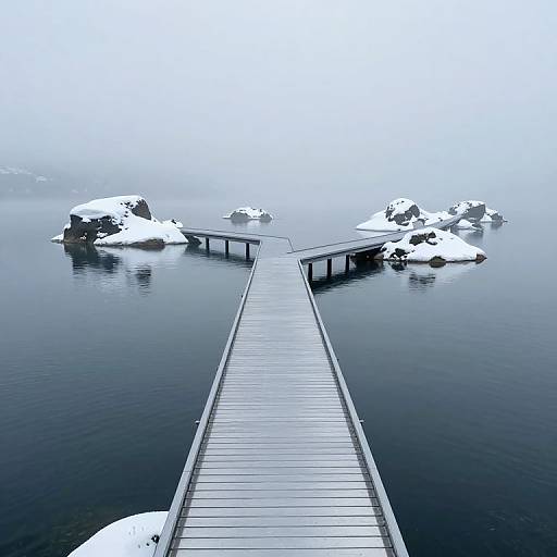 Photograph of a foggy, snow-covered wooden pier extending into a calm, dark blue lake, with large, icy rocks visible in the misty
