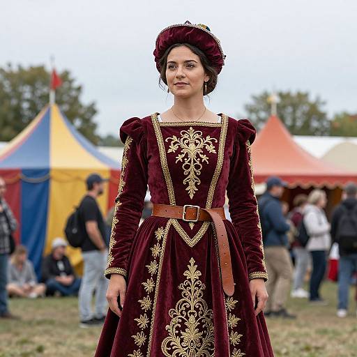 Photograph of a woman in a rich maroon Renaissance dress with gold embroidery, brown belt, and headpiece, standing in front of colorful festival tents