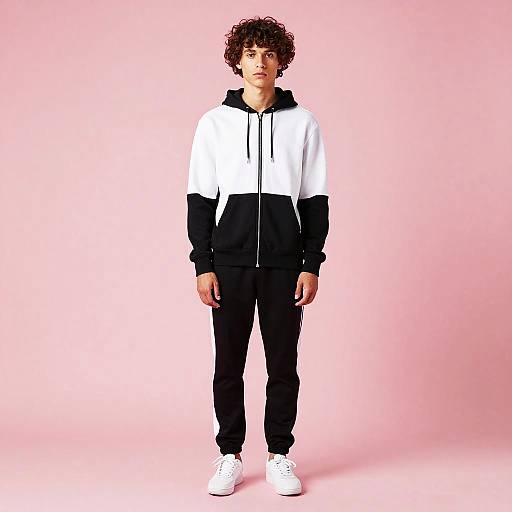 Photograph of a young man with curly brown hair, wearing a black and white hoodie, black pants, and white sneakers, standing against a solid pink