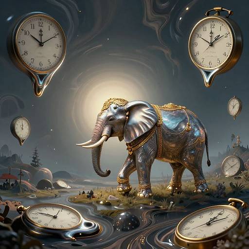 Digital artwork of a glistening, adorned elephant in a surreal landscape surrounded by floating, glowing clocks, under a luminous moon.
