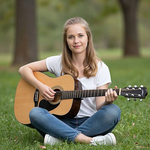 Photograph of a young white woman with long brown hair, wearing a white t-shirt and blue jeans, sitting cross-legged on grass, playing an acoustic