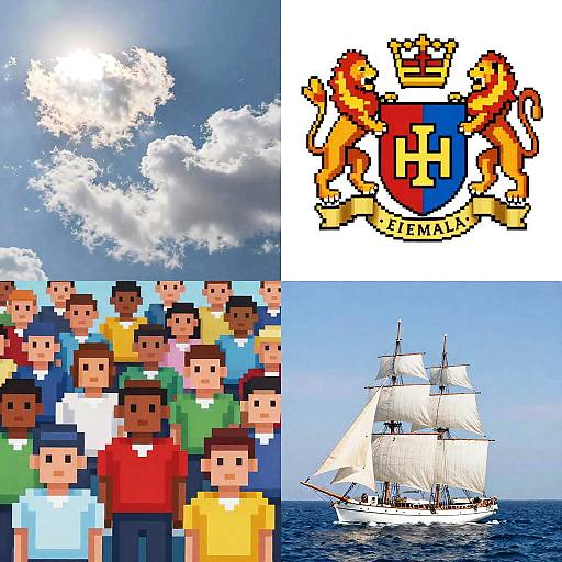 Photomontage: pixelated crowd, colorful coat of arms, bright sun with clouds, and white-sailed ship on blue ocean. Four distinct