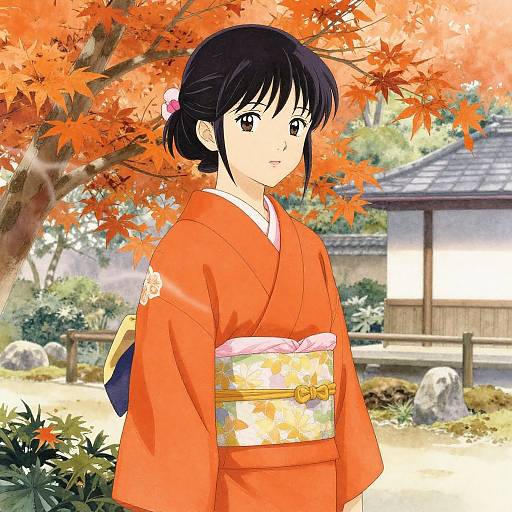 Anime-style digital illustration of a young girl with black hair in an orange kimono, standing in an autumn garden with orange leaves and a traditional Japanese house