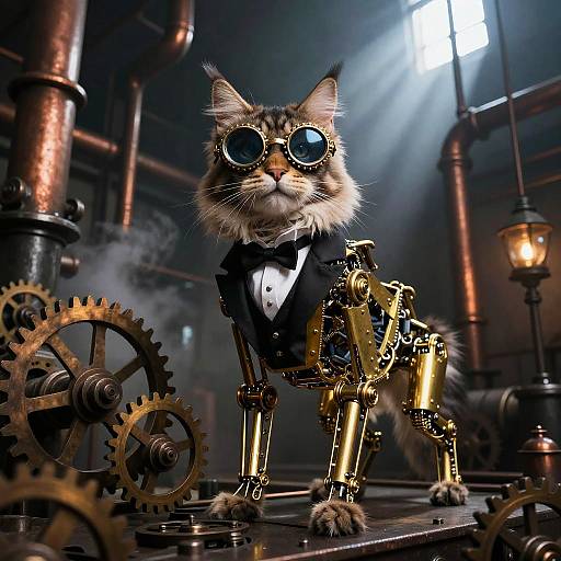 Photorealistic digital art of a cat in a steampunk suit with goggles, standing on gears in a dimly lit industrial setting. Sunlight
