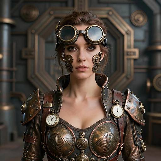 Digital art of a serious, steampunk woman with goggles, metallic face patches, and brass armor, set against a industrial, metallic background.