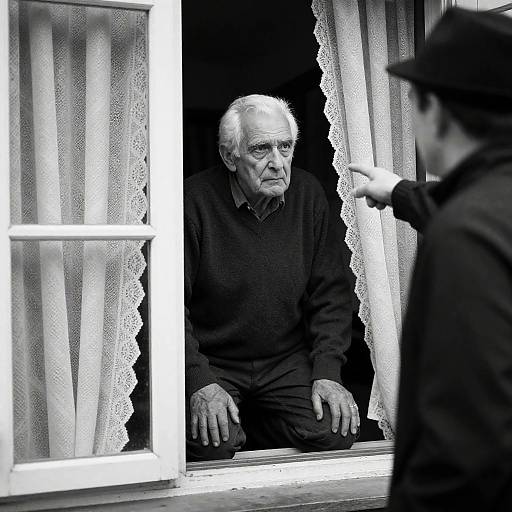 Elderly Man in Window: B&W Photograph