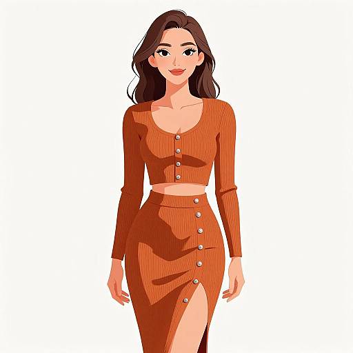Digital illustration of a smiling woman with long dark hair, wearing a red long-sleeve crop top and matching high-waisted skirt with buttons,