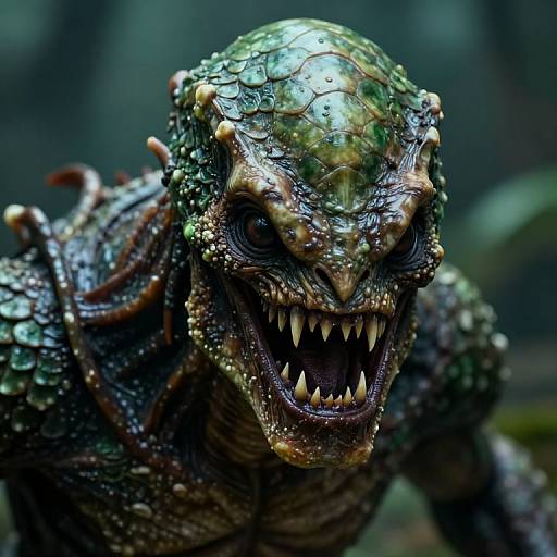 Photorealistic CGI close-up of a terrifying, green-scaled, reptilian monster with sharp teeth, glowing eyes, and textured skin, snar