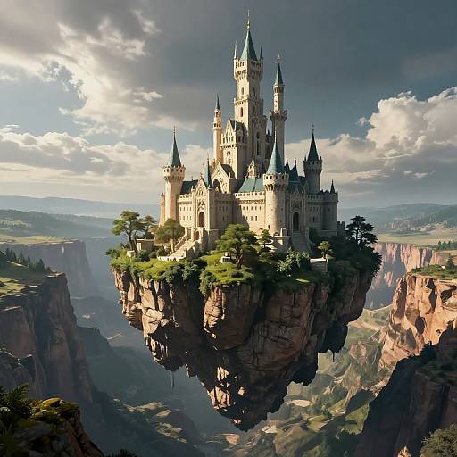 Fantastical CGI image of a grand, medieval-style castle with multiple towers, perched on a floating, rocky cliff amidst a dramatic, sunlit