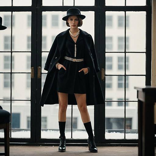 Stylish Woman in Black Gangster Outfit