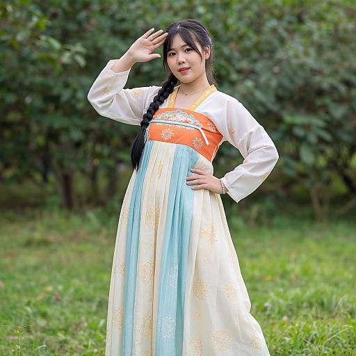 Asian woman with long black braid, wearing white and orange traditional Korean hanbok, standing in grassy field, hand raised in salute. Phot