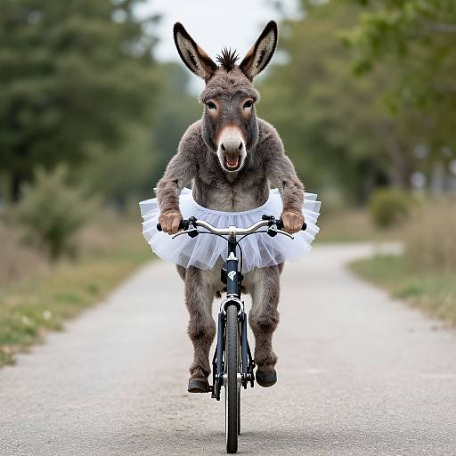 Photograph of a gray donkey wearing a white tulle tutu, riding a bicycle down a tree-lined country road.