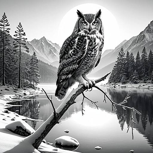 Grayscale Owl on Frosty Branch in Winter Landscape