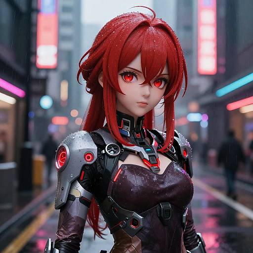 CGI anime-style woman with red hair, red eyes, and cybernetic armor stands in a rainy, neon-lit city street.