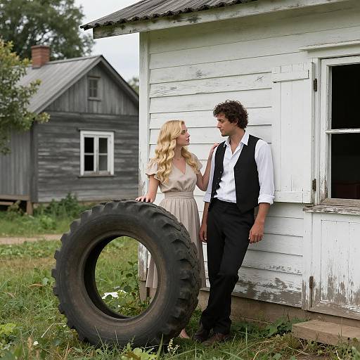 Couple by Rural Wooden House with Large Tire