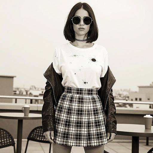 Black-and-white photograph of a woman with shoulder-length dark hair, wearing round sunglasses, white shirt, plaid skirt, and leather jacket, standing on