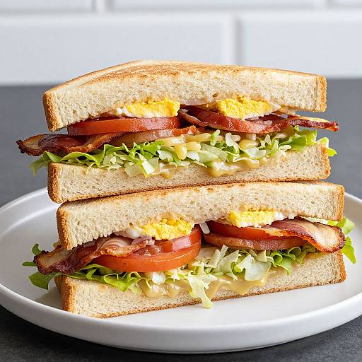 Photograph of a stacked club sandwich with crispy bacon, lettuce, tomato, mayonnaise, and cheese on white plate, against a blurred white background