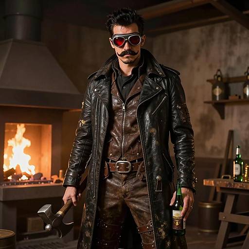 Steampunk Biker Model in Dramatic Lighting