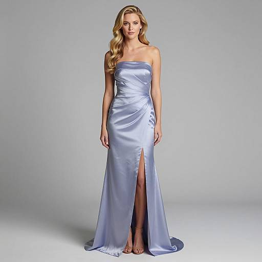 Blonde Woman in Strapless Lavender Satin Gown