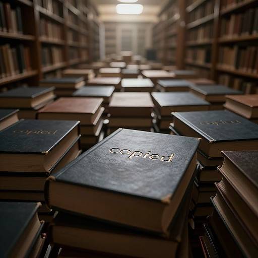 Photograph of a dimly lit library aisle with stacks of black and brown leather-bound books, 