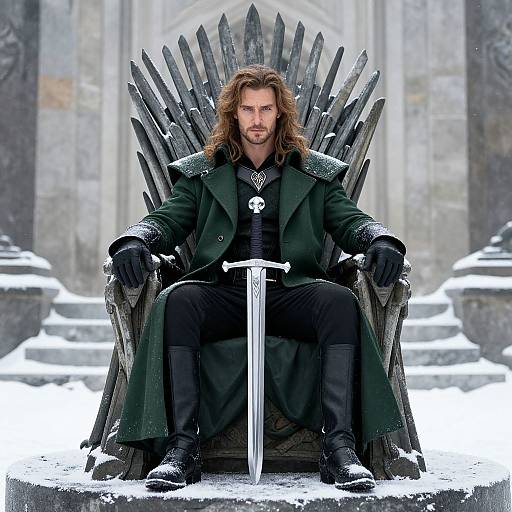 Photograph of a bearded man with long brown hair, wearing a dark green coat and black gloves, sitting on a snow-covered Iron Throne with a