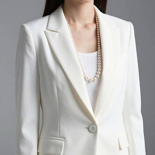 Photograph of a woman in a white, single-breasted blazer with pearl necklace, white top, and gray background, highlighting formal attire.