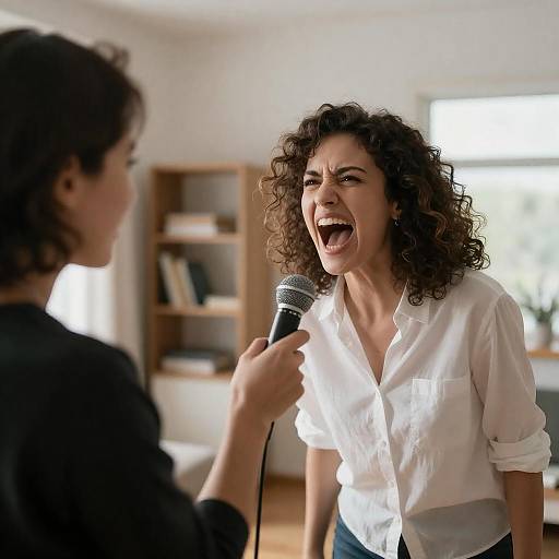 Curly-Haired Woman Screams Into Microphone
