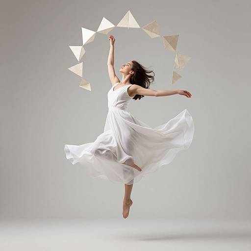 Photograph of a dancing woman in a flowing white dress, barefoot, arms raised, surrounded by a glowing geometric halo against a gray background.