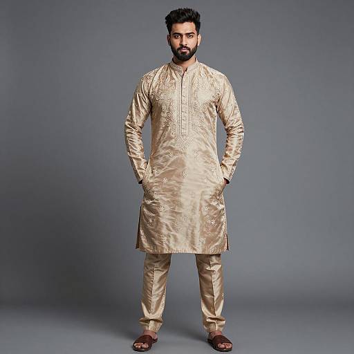 Man in Beige Embroidered Silk Kurta