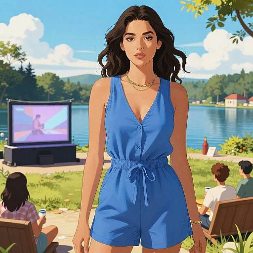 Digital illustration of a confident brunette woman in a blue, sleeveless romper standing outdoors by a lake, with people sitting and watching a TV in the