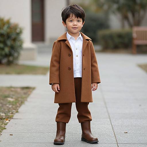 Photograph of a young Asian boy with black hair, wearing a brown coat, white shirt, brown pants, and brown boots, standing on a suburban