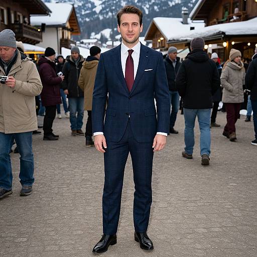 Photograph of a handsome man in a dark pinstripe suit, white shirt, and maroon tie, standing in a snowy, mountain village street