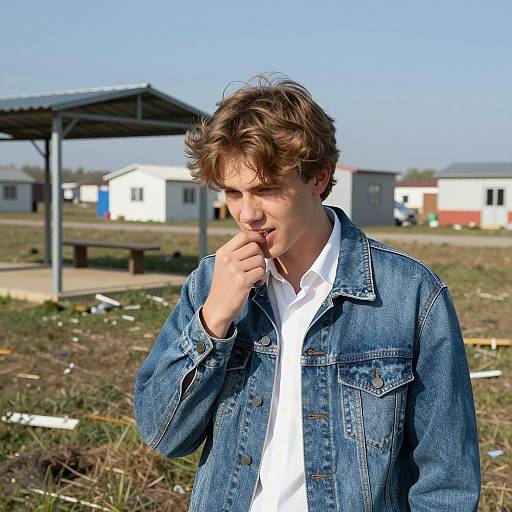 Young Man in Denim Jacket Outdoors