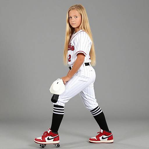 Photograph of a young blonde girl with long hair, wearing a white pinstriped baseball uniform, black knee socks, red and white sneakers,