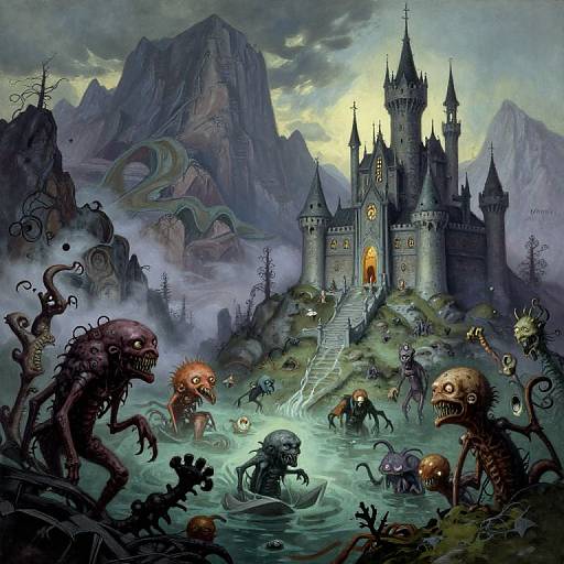 Fantasy digital painting of a dark, eerie castle surrounded by grotesque, monstrous creatures in a foggy, mountainous landscape with winding paths.