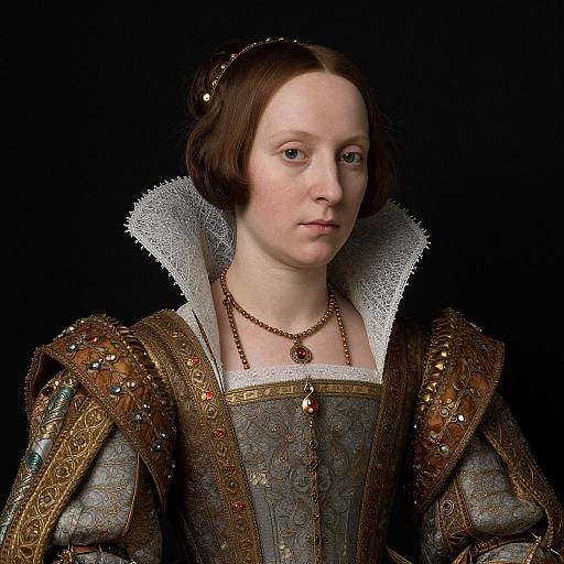 Photograph of a pale-skinned, brown-haired Elizabethan woman in ornate, embroidered medieval gown with lace collar, beaded necklace, and dark