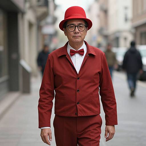 Photograph of a middle-aged man in a vibrant red suit, bow tie, and hat, with black-rimmed glasses, walking down a blurred
